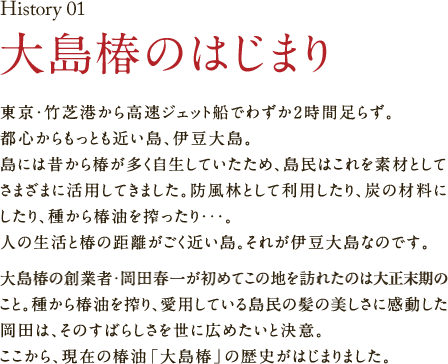 HISTORY01 大島椿のはじまり　東京・竹芝港から高速ジェット船でわずか2時間足らず。都心からもっとも近い島、伊豆大島。島には昔から椿が多く自生していたため、島民はこれを素材としてさまざまに活用してきました。防風林として利用したり、炭の材料にしたり、種から椿油を搾ったり…。人の生活と椿の距離がごく近い島。それが伊豆大島なのです。大島椿の創業者・岡田春一が初めてこの地を訪れたのは大正末期のこと。種から椿油を搾り、愛用している島民の紙の美しさに感動した岡田は、そのすばらしさを世に広めたいと決意。ここから、現在の椿油「大島椿」の歴史がはじまりました