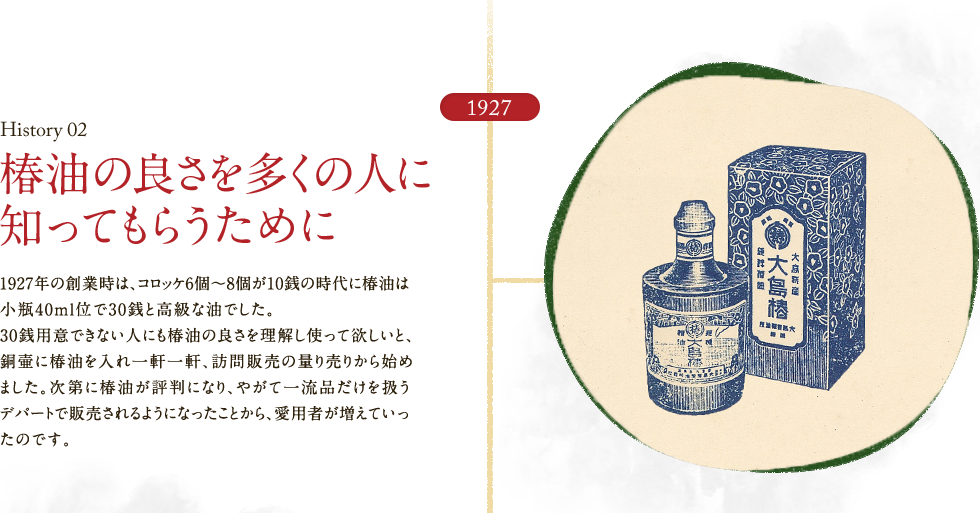 HISTORY02 椿油の良さを多くの人に知ってもらうために　1927年の創業時は、コロッケ6個～8個が10銭の時代に椿油は小瓶40mlくらいで30銭と高級な油でした。30銭用意できない人にも椿油の良さを理解し使って欲しいと、銅壷に椿油を入れ一軒一軒、訪問販売の量り売りから始めました。次第に椿油が評判になり、やがて一流品だけを扱うデパートで販売されるようになったことから、愛用者が増えていったのです。