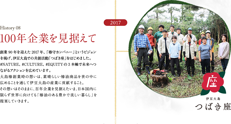 HISTORY08 100年企業を見据えて　創業90年を迎えた2017年、「椿守カンパニー」というビジョンを掲げ、伊豆大島での共創活動「つばき座」をはじめました。#NATURE、#CULTURE、#EQUITYの3本軸で未来へつながるアクションを広めています。大島椿創業時の想いは、素晴らしい椿油商品を世の中に広めることを通して伊豆大島の産業に貢献すること。その想いはそのままに、百年企業を見据えたいま、日本国内に限らず世界に向けても「椿油のある豊かで美しい暮らし」を提案していきます。
