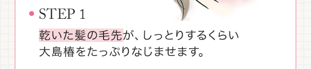 STEP1　乾いた髪の毛先が、しっとりするくらい大島椿をたっぷりなじませます。