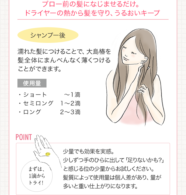 ブロー前の髪になじませるだけ。ドライヤーの熱から髪を守り、うるおいキープ