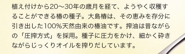 植え付けから20～30年の歳月を経て、ようやく収穫することができる椿の種子。大島椿は、その恵みを存分に引き出した100％天然由来の椿油です。搾油は昔ながらの「圧搾方式」を採用。種子に圧力をかけ、細かく砕きながらじっくりオイルを搾りだしています。