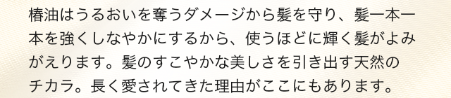 椿油はうるおいを奪うダメージから髪を守り、髪一本一本を強くしなやかにするから、使うほどに輝く髪がよみがえります。髪のすこやかな美しさを引き出す天然のチカラ。長く愛されてきた理由がここにもあります。＜椿油のチカラ＞ダメージから守る。うるおい＆つや。髪の強度アップ。