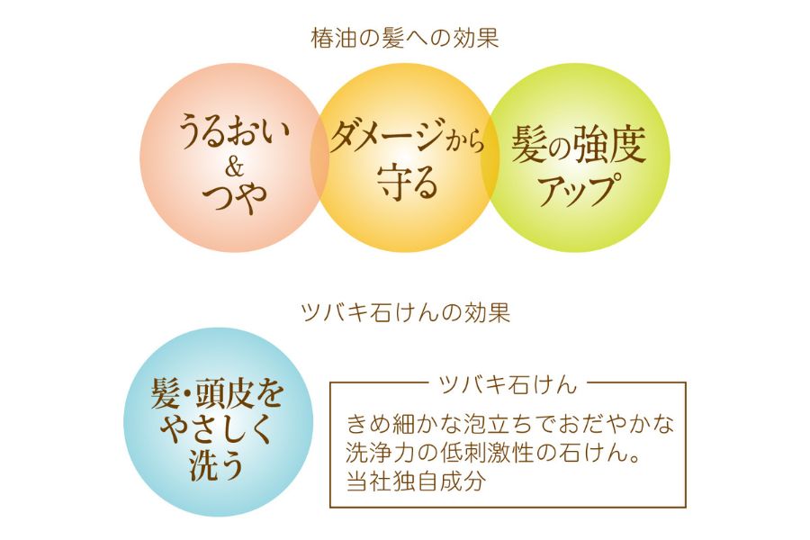【椿油の髪への効果】うるおい＆ツヤ、ダメージから守る、髪の強度アップ　【ツバキ石けんの効果】髪・包皮をやさしく洗う　※ツバキ石けん：きめ細かな泡立ちでおだやかな洗浄力の低刺激性の石けん。当社独自成分