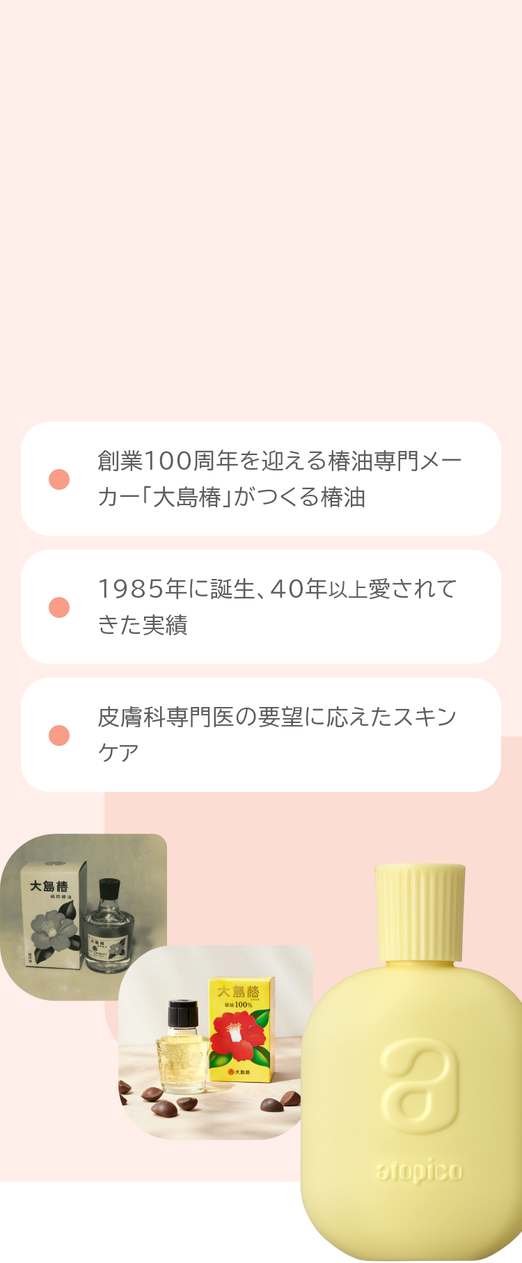 創業00周年を迎える椿油専門メーカー大島椿がつくる椿油。1985年に誕生、40年以上愛されてきた実績。皮膚科専門医の要望に答えたスキンケア