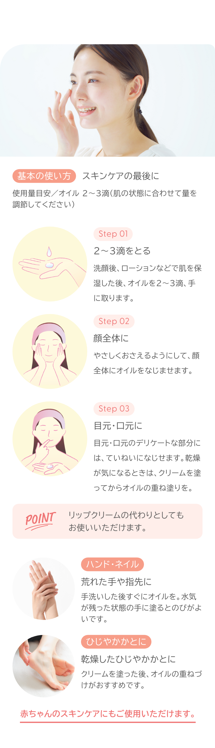 基本の使い方、スキンケアの最後に。ステップ1、2から3滴をとる。ステップ2、顔全体に。ステップ3、目元・口元に。ポイント、リップクリームの代わりとしてもお使いいただけます。荒れた手や指先、乾燥したひじやかかと、赤ちゃんのスキンケアにもご使用いただけます。